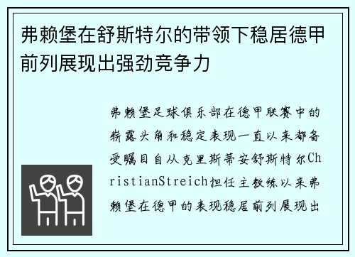 弗赖堡在舒斯特尔的带领下稳居德甲前列展现出强劲竞争力