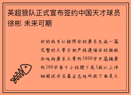 英超狼队正式宣布签约中国天才球员徐彬 未来可期